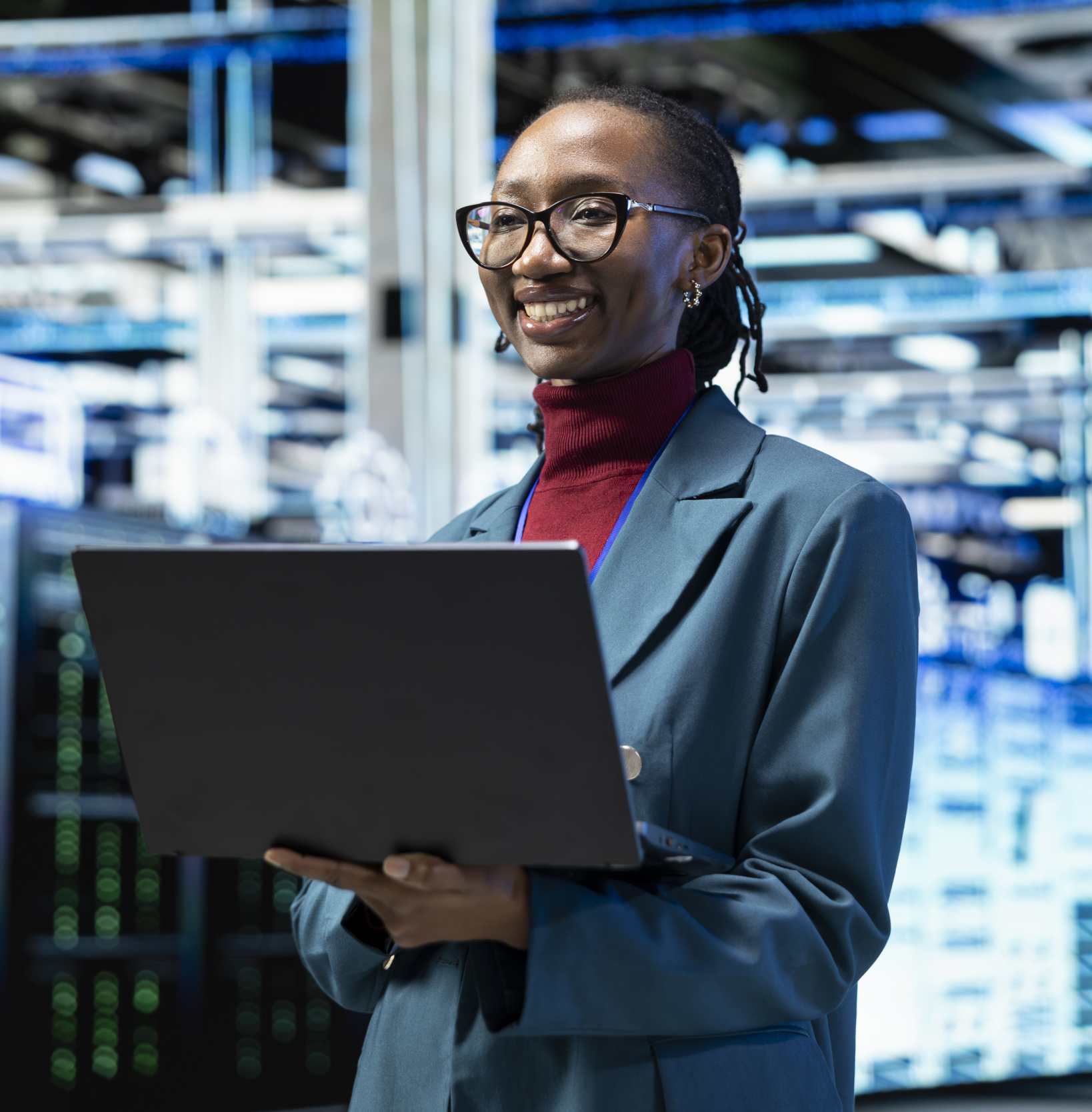 Cheerful female technician in data center using laptop to monitor rigs metrics