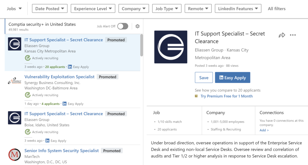 CompTIA Security+ Plus Job Listings